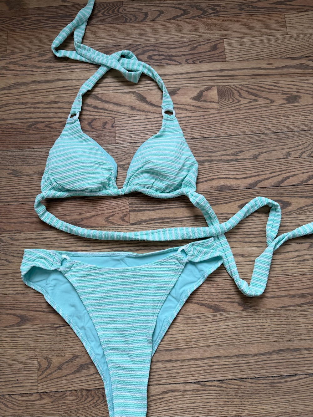 Striped Mint Green Triangle Bikini Set - Women Swim